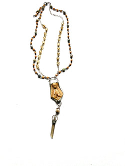 2 layers of beaded chain necklace. peach, green, gold glass beads, a single pearl and a pewter silver bezel wraps a smokey quartz crystal point. silver chain, clasp and beaded extender, ceramic pendant of the Virgin Mary, golden brown in color, in a  pewter bezel
